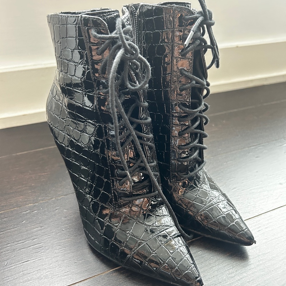 Black Croc print Ankle Boots